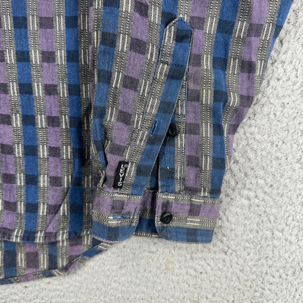 VINTAGE Levis Sutter Creek Men Button Up Shirt Large Blue Purple Check Black Tab - Picture 8 of 11
